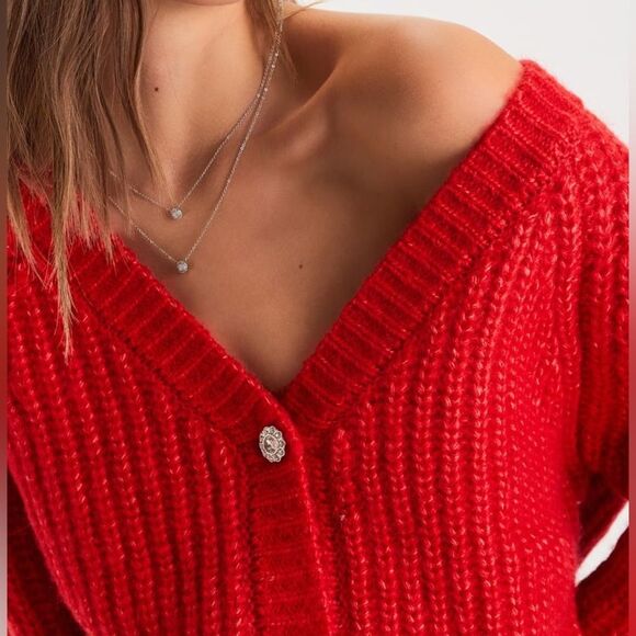 Jessica Simpson Red Cropped Wool Cardigan with Rhinestone Buttons Size Medium - Picture 4 of 14